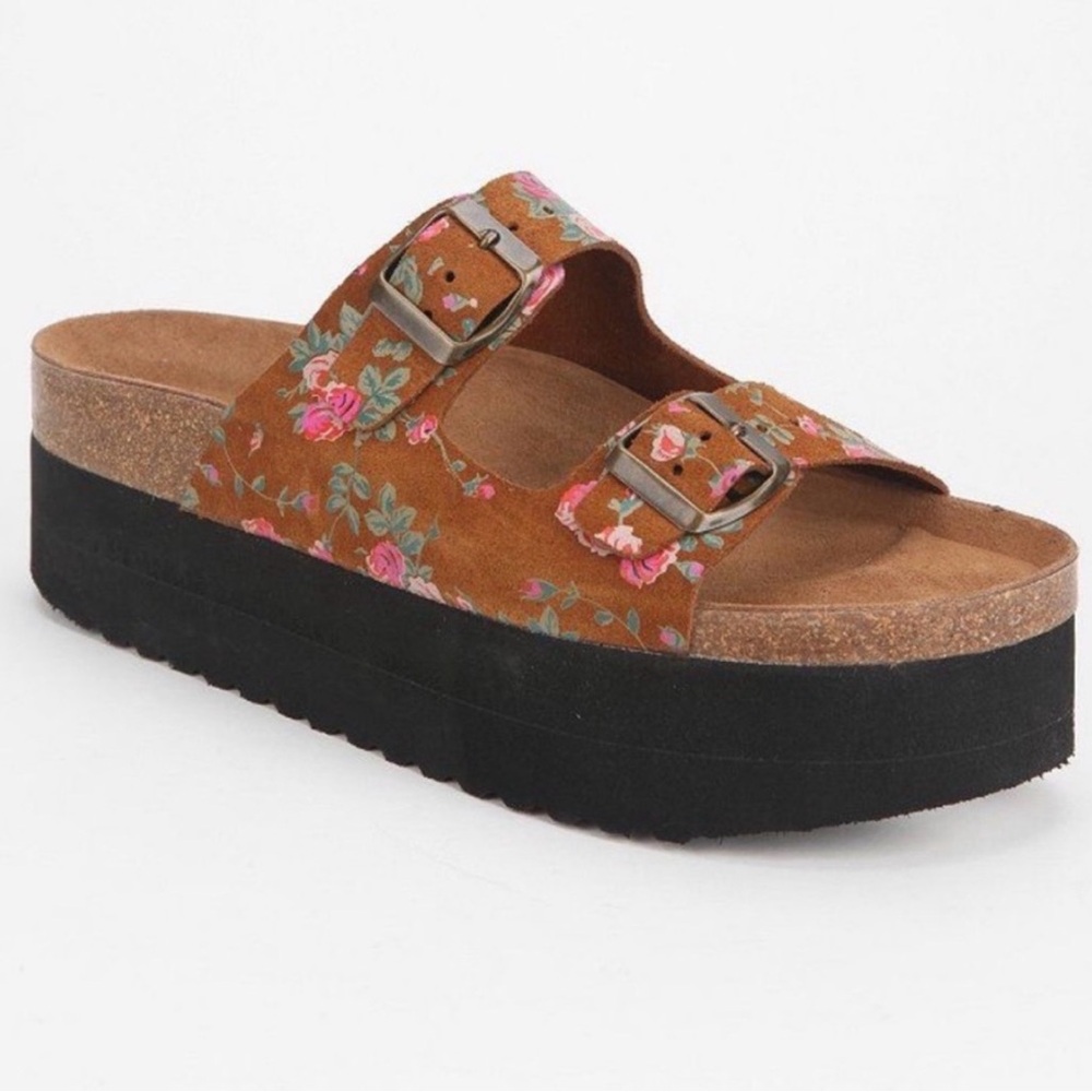 Jeffrey Campbell Floral Double-Buckle Platform Slide Sandals - Brown